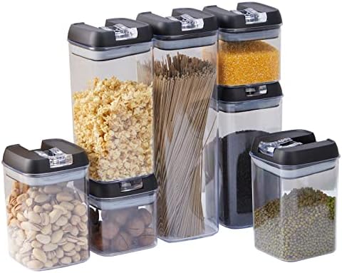 Obsoorth hermetički zatvoreni kontejneri za skladištenje hrane Set od 7 prozirnih plastičnih ostava bez BPA Pop dozator za žitarice sa poklopcima za organizaciju zrna šećera od kuhinjskog brašna, Crna