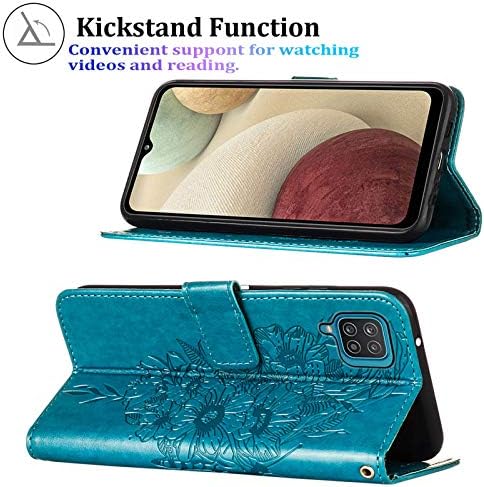 A12 torbica za telefon novčanik, za slučaj Galaxy A12, [postolje][narukvica] [slotovi držača kartice] leptir cvjetna reljefna PU koža Flip zaštitni poklopac za slučaj Samsung A12