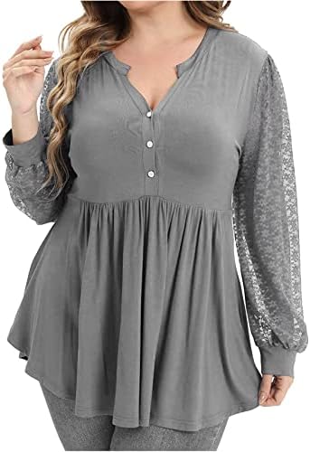 Ženska plus veličina čvrsta majica V Gumb izreza Ruched bluza čipkaste dugih rukava sakrij trbuh tunički vrh