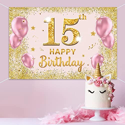 PAKBOOM Happy 15th Birthday Backdrop Banner - 15 Birthday Party Dekoracije potrepštine za djevojčice-Gold Pink 3.9 x 5.9 ft