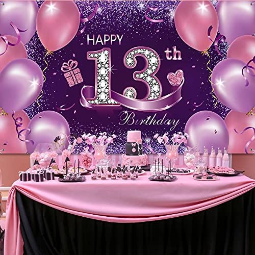 Happy Birthday Party Dekoracije, velike tkanine Pink Purple Happy 13th godišnjica Rođendan znak Banner Photo Booth pozadina sa konopcem
