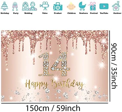 Sretan 14. rođendan dekoracije Backdrop Banner za djevojčice Happy 14 godina Party znak Poster Girl 14. rođendan Rosegold fotografija pozadina 14. rođendan Party Supplies, 59x35.4