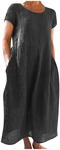 AMXYFBK Ženska ljetna puna boja kratkih rukava kratkih rukava-izrez-izrez Labavi džep pamučna haljina za pamučnu platnu običnu maxi senduress