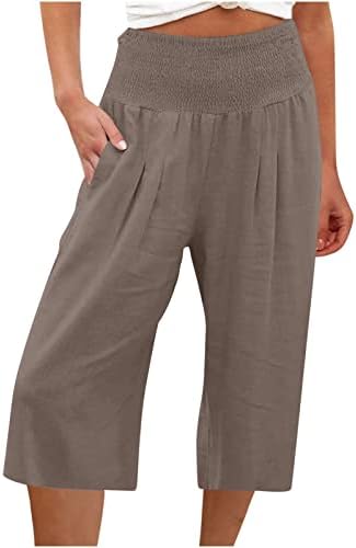 Hjuyyuah Capri pantalone za žene plus veličine pamučne posteljine široke noge Capris elastični visoki struk džep bahats lounge hlače pantalone
