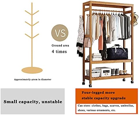 LJHSS stalak za odjeću bambusov stalak za odjeću, sa točkovima 4 kuke multifunkcionalni viseći stalak za spavaću sobu, za ulaz u kućnu