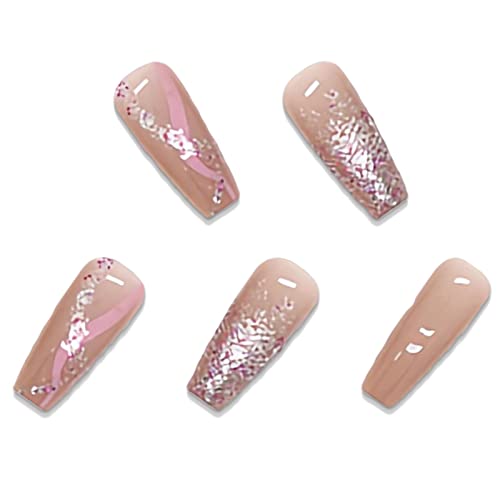 BABALAL Coffin Press na noktima dugi lažni nokti Pink Glitter ljepilo na noktima 24kom sjajni Balerinski akrilni nokti za žene i djevojke