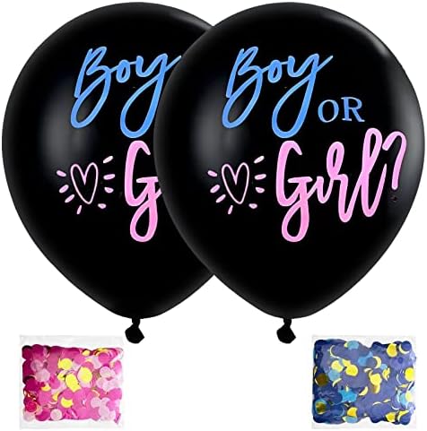 BLMHTWO 2 komada balona za otkrivanje spola, 36 inča Baloni za otkrivanje spola za dječake i djevojčice komplet za otkrivanje spola uključuje 2 komada crnih balona i 2 komada roze i plave konfete, lateks okrugli