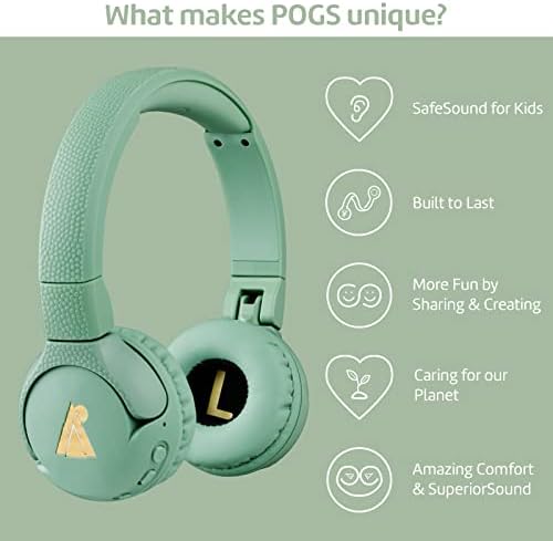 Pogs Kids Bluetooth bežične slušalice | Gecko | Sklopive i izdržljive slušalice za djecu 3+ s kontrolom jačine zvuka, mikrofona, limitator