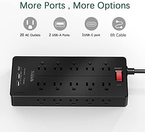 Power Strip 2 pakovanja, zidni nosač za produžetak utičnice za zaštitu od prenapona sa USB portovima, produžni kablovi od 6 stopa,