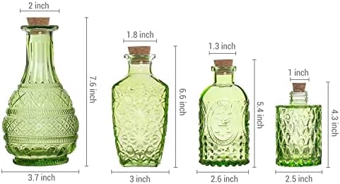 MyGift Vintage reljefne zelene staklene dekorativne boce od konusa s plutanim poklopcima, mali apotekani cvjetni pupoljci, set od
