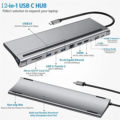 NIZYH 12 u 1 USB C Hub laptop priključna stanica Type-C do Dual HDMI-kompatibilni/VGA/USB 3.0 Hub/PD/RJ/Micro-SD/TF Adapter za priključnu