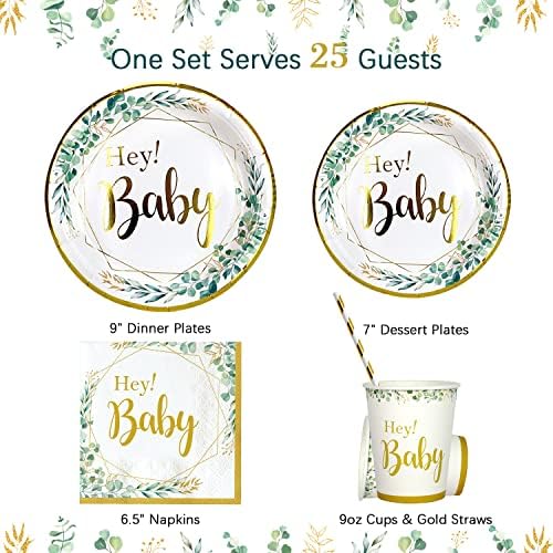 Sage zeleni ukrasi za tuširanje beba neutralni tanjiri Set za 25 gostiju, 125 komada papirnih tanjira šolje salvete slamke za Baby