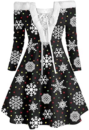 Ženska haljina za zabavu sa ramena Dugi rukav 1950-ih godina Vintage Swing haljina Božić pahuljica Print krzneni koktel haljina