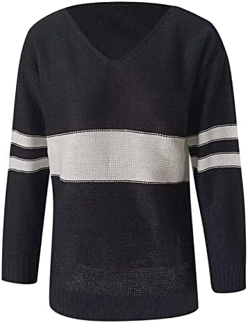 Džemper za žene Casual Pleted prugasti Slouchy pulover džemperi s dugim rukavima s ramenom V izrez Loose Jumer vrhovi crne boje