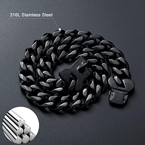 Crni lanac lanaca za hodanje metalni ovratnik sa dizajnerskim kopčom za kostiju, 15 mm / 19 mm jakim teškim ogrlica od nehrđajućeg