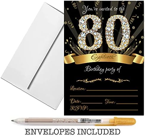 Pozivnice za 80. rođendan 5x7 crn & amp; zlatne kartice sa kovertama i zlatnom metalik olovkom