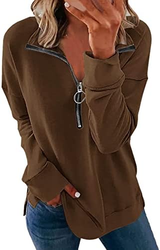Kuaileya Womens Pulover Ženska moda Solid Rever Polu patentne zatvarače Ležerne prilike labave duksere Fit pulover dugih rukava
