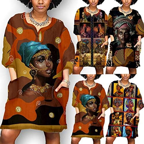 Plus size afričke haljine za žene Vintage Print V izrez srednji rukav Casual Mini haljina sa džepom