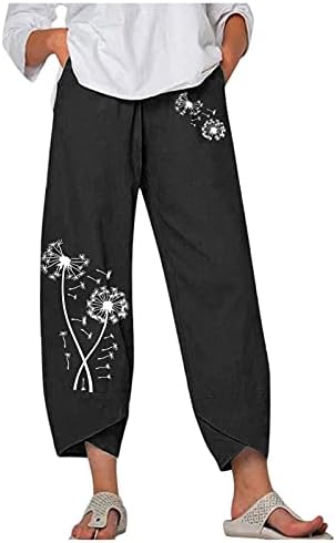 Ubst dame ispisane elastične pamučne pakove pamučne pantalone sa džepom casual labavih ravnih obrezivih hlača za žene ljeto