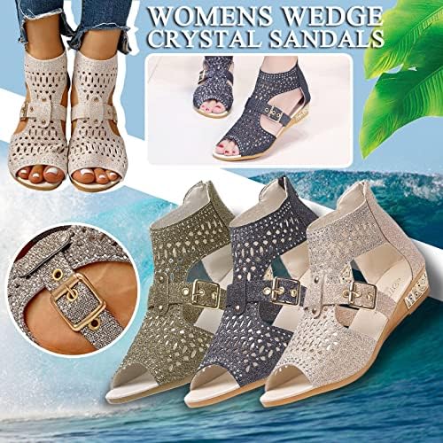 Eduavar sandale Žene Dresseny Ljeto, Ženske sandale Dressy Nisko klinovi Peep Toe zamotani seksi dijamantskim sandalama