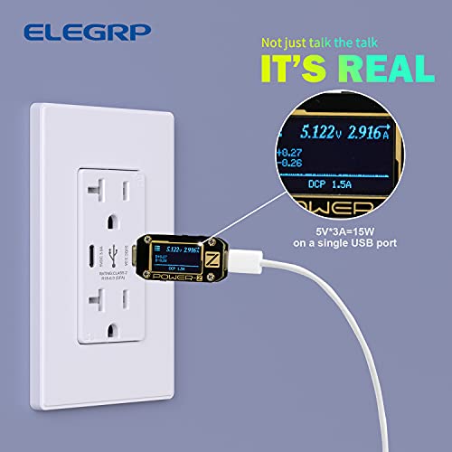 ELEGRP 30w 6.0 Amp Dual Type C USB Zidna utičnica, 20 amp utičnica sa USB Tip C portovima, USB punjač za iPhone, iPad, Samsung, LG, HTC i Android uređaje, Ul na listi, sa zidnom pločom, 6 pakovanje, Bijelo