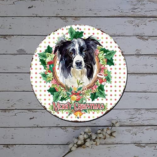 Božićni okrugli limenki pas u cvjetnom vijencu Okrugli limeni znak zatvorenog božićnog zidnog ukrasa Rustikalni metalni vijenac za