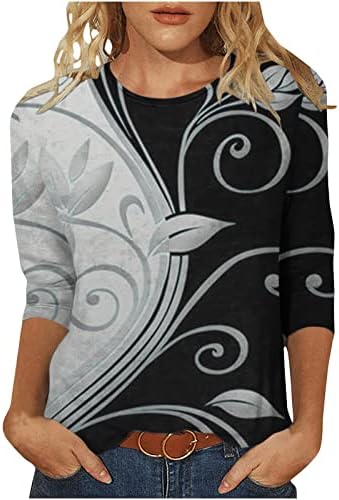 3/4 rukave majice za žene Ljeto Ležerne prilike, okrugli vrat cvjetni ispis Grafički teški majica Trendi Slim Fit Tunic Bluzes