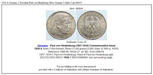 1936 DE 1936 A Njemačka 2 Predsjednik Paul von Hindenburg AR 5 Mark Good neverrtificiran