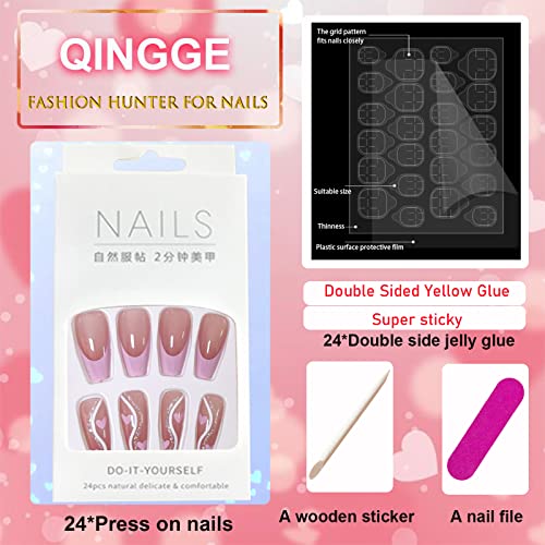 QINGGE Valentinovo Pink francuski vrh pritisnite na noktima srednje srce lažni nokti lažni nokti sa ljepilom na noktima kvadratni