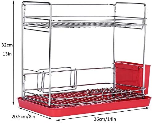 Prostirke 2-slojni stalak za suđe od nerđajućeg čelika sa posudom za kapanje,36x20, 5x32cm / 14x8x13in, Crvena polica za odvod sudopera