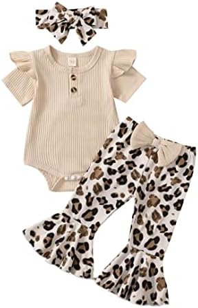 Bekarsy Baby Girl Odjeća za dječje rebra s kratkim rukavima Romper Leopard zapaljene hlače Traka za glavu Ljetna odjeća set 3pcs
