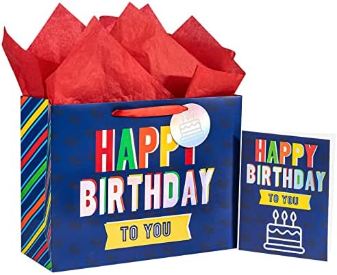 WRAPAHOLIC 13 & 34; velika poklon torba sa karticom i papirnatom maramicom - šareni Sretan rođendan s holografskom srebrnom folijom