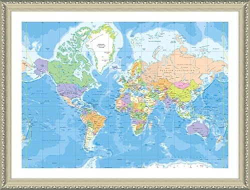 Alonline Art-političke moderne karte 1 po mapi svijeta | Biege uokvirena slika štampana na pamučnom platnu, pričvršćena na