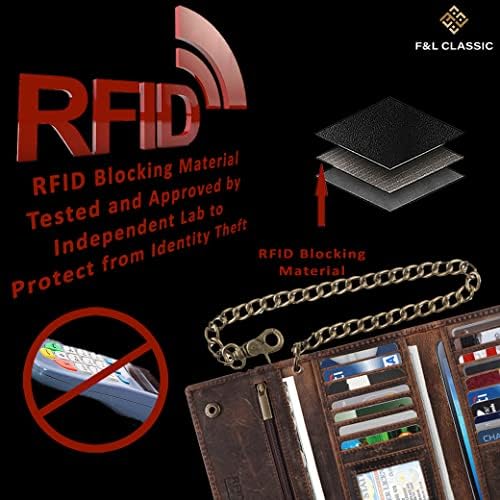 F & amp;L CLASSIC RFID Blocking Muška Tri puta dugi stil kravljeg kože čelika lanac novčanik, buffalo vintage koža