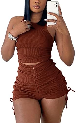 Sriswel Womens Ljeto 2 komada odjeća rebrasta rezervoar gornje crteže rucked kratke hlače za trenerke