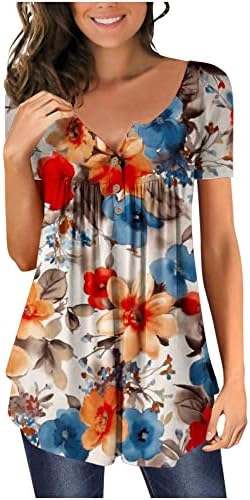 Kratki rukavi majica za bluza Žene Dugme Pleted tee vrhovi Labavi trendi cvjetni ispis bluza Tunnic V izrez T-majica Top
