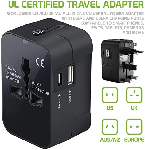 Putovanje USB Plus International adapter kompatibilan sa Yezz Andy A5 za svjetsku moć za 3 uređaja USB Typec, USB-a za putovanje između