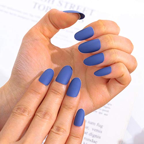Woeoe Coffin plavi lažni nokti mat Ovalni lažni Gel nokti jednobojna kratka presa na noktima akrilni Savjeti nokti za žene i djevojke