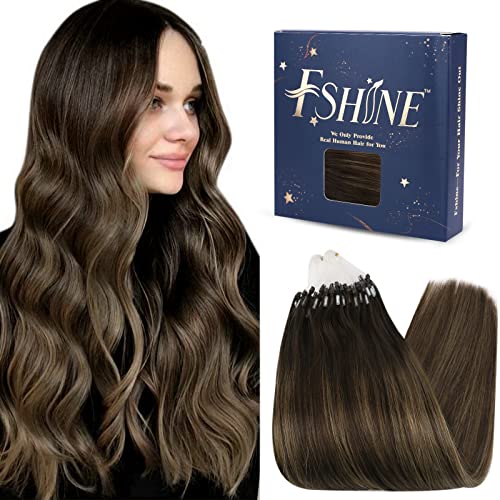 Fshine Microlink Hair Extensions Remy Human Hair 20 Inch Balayage Micro Loop Hair Extensions tamno braon Fading to Middle Brown Highlight