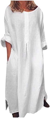 Adhowbew Žene Ležerne prilike sa dugim rukavima pamuk of of plus veličina maxi haljina sa džepovima