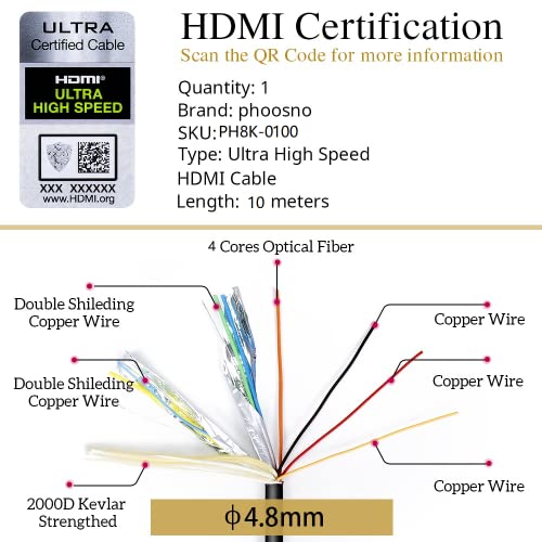 Phoossno certificirani 8k HDMI 2.1 vlakno optički kabl, 10K ultra brzi HDMI Gen2 10m 33ft 48Gbps 4k @ 120Hz 8k @ 120Hz, Earc Dolby