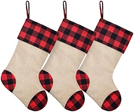 Caraknots Božićne čarape Set od 3 crvene i crne plaćene božićne čarape za porodičnu djecu Veliki burlap Provjerite božićne čarape