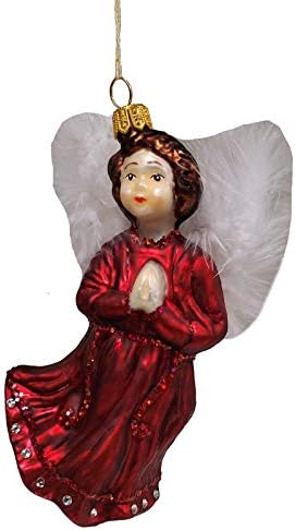 Crveni anđeo za molitvu sa perjanim krilima Poljski stakleni ukras za jelku