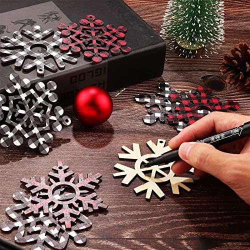 40 komada Buffalo Plaid Božić drvena Snowflake ukrasi pahuljice drva kriške Crafts Drvo Set sa 40 komada kanapi za DIY zanata Božić