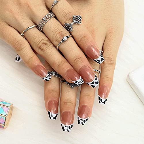 Fairyu Pink Press on Nails Coffin dugi lažni nokti slatka krava francuski nokti sjajni umjetni nokti za žene i djevojke