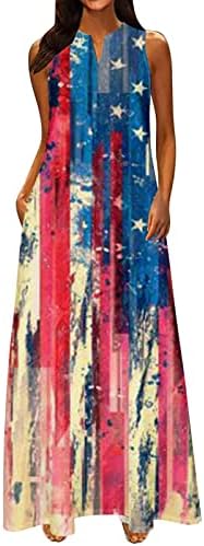 HCJKDU Ženska Dan nezavisnosti Haljina Američka zastava Print Print bez rukava bez rukava sa džepom Strastvena patriotska maxi haljina