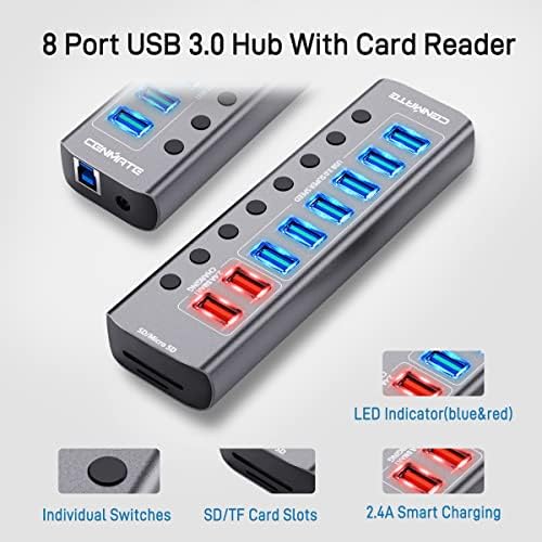 USB Hub sa čitačem kartica, cenmate 10 Port aluminijumski USB razdjelnik sa 6 USB 3.0 portova za prenos podataka, 2 USB porta za punjenje,