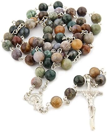 Ytbeauti vjerski katolički Indija ahat molitvene perle blagoslovi brojanicu ogrlica srebrni krst 8MM dvostruka dužina 16.5 inč