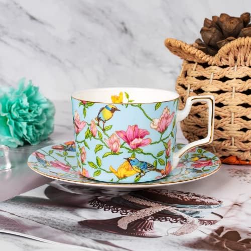 9 unces teacup i tanjuri postavljeni vintage cvjetne čajne čajne šalice postavljene kostiju Kina čaj za čaj za čaj za čaj za majčin dan žene mama