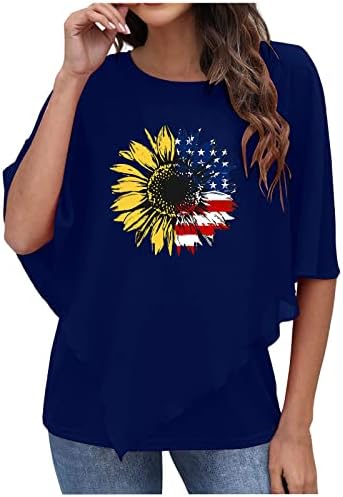Američka zastava Suncokretove košulje žene dvostruko sloj šifonska majica 4. jula Patriotska košulja Asimetrični rub tee vrhovi